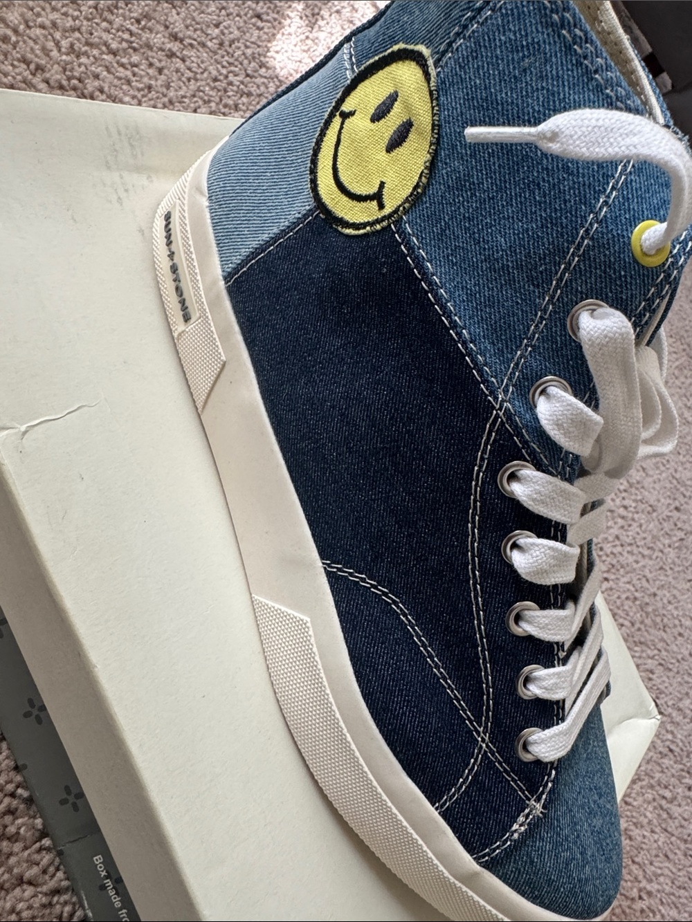 Men Sun + Stone Two-Tone Denim High-Top Sneakers with Yellow Smiley Patch